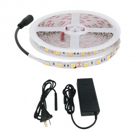 Tira de LED 12 Vcc fría IP44
Alimentación: 12 Vcc
Tipo de LED: 2835
Fuente de alimentación sugerida:  
Entrada: 220Vac 50 Hz
Salida: 12 Vcc  4 A 48 W clase II
CCT: 6500 K
Potencia: 30 W
Flujo luminoso: 2400 lm 
Adhesivo: 3M
Medida: 5 m x 0,8 cm
Línea de corte: cada 3 LEDs
Vida útil: 30000 h

Fuente de alimentación 48 W  para tira LED
Entrada:  100 - 240 Vac 50 Hz
Salida: 12 Vcc  4 A 48 W
Clase: II
Cable Interlock formato  